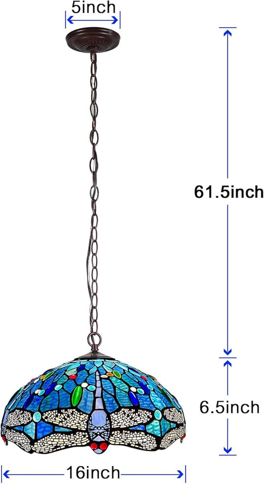 Capulina Tiffany Lamp Stained Glass Pendant Light 2-Light 16 Inches Wide Antique Blue Dragonfly Tiffany Style Hanging Lamp for Dining Room Kitchen Island Home Farmhouse