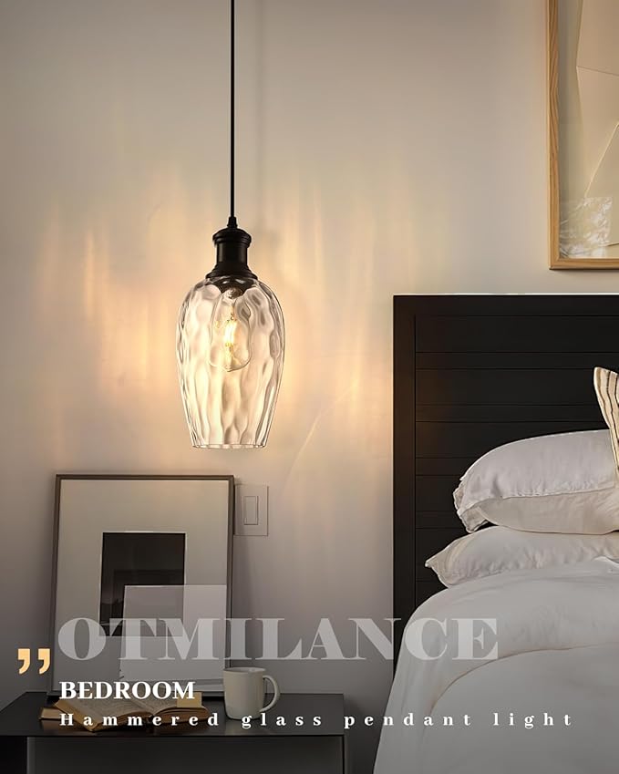 Pendant Lights Kitchen Island, 6.3” Black Blown Glass Pendant Lights 1-Pack, Farmhouse Pendant Light with Clear Hammered Glass, Modern Kitchen Pendant Light for Dining Room, Bathroom, Cafe