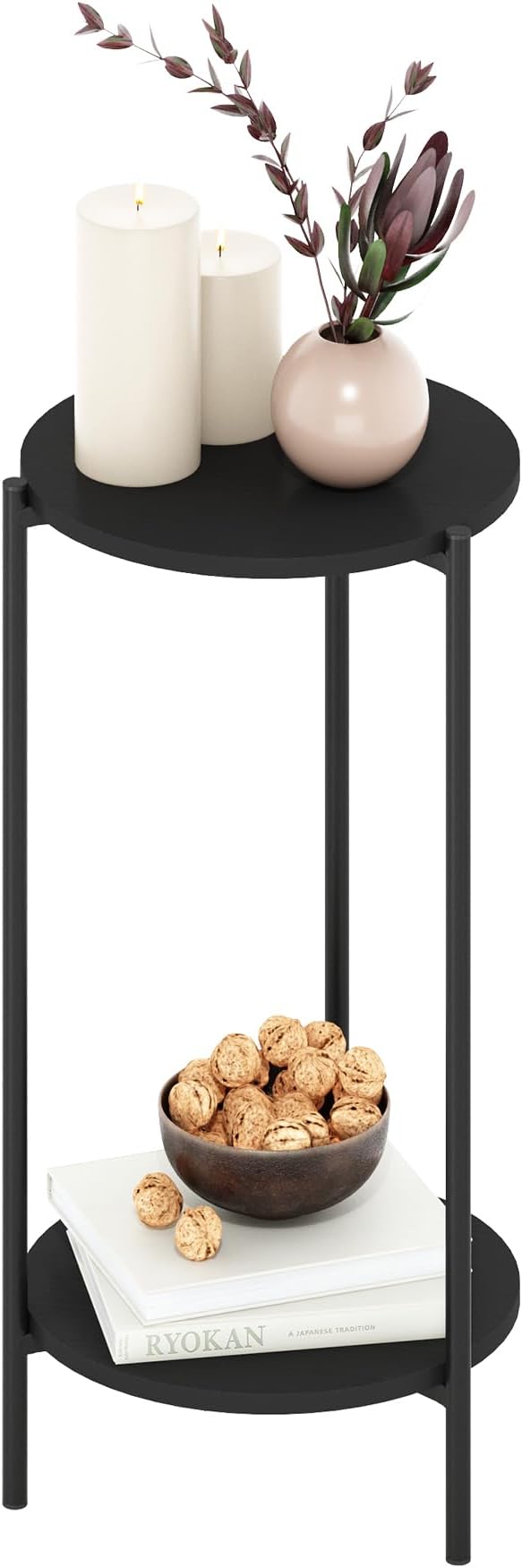Furinno Besi 2-Tier Modern Tall Round Side End Table with Sturdy Metal Legs, 11.57 (W) x 8.16 (H) x 4.36 (D) inches, Americano
