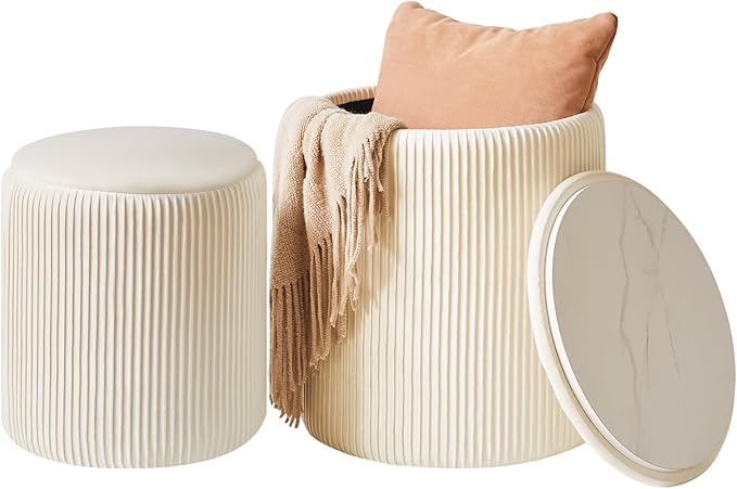 IBUYKE Round Ottoman with Storage Set of 2 Boucle Ottoman End Table for Living Room Vanity Stool Velvet Footrest Stool Bar Stool White UWBD005W