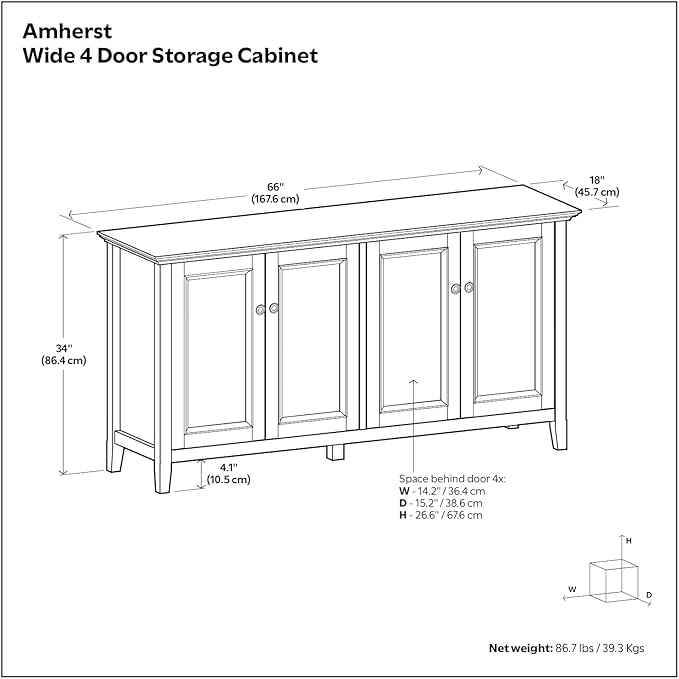 SIMPLIHOME Amherst Storage Cabinet - 66 inch Wide Solid Wood 4-Shelf Sideboard Cabinet in Black, Transitional Buffet for Living Room or Dining Room with 4 Doors and Adjustable Shelves