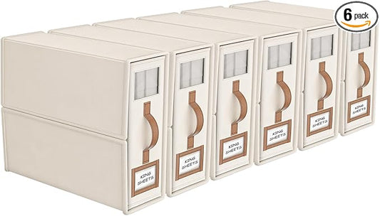 6 Pack Bed Sheets Organizers And Storage (King Size),Foldable Sheet Organizer With Handle For Linen Closet,Bedding Organizer Storage For Sheets, Duvet Cover (Beige, XCDSN-002