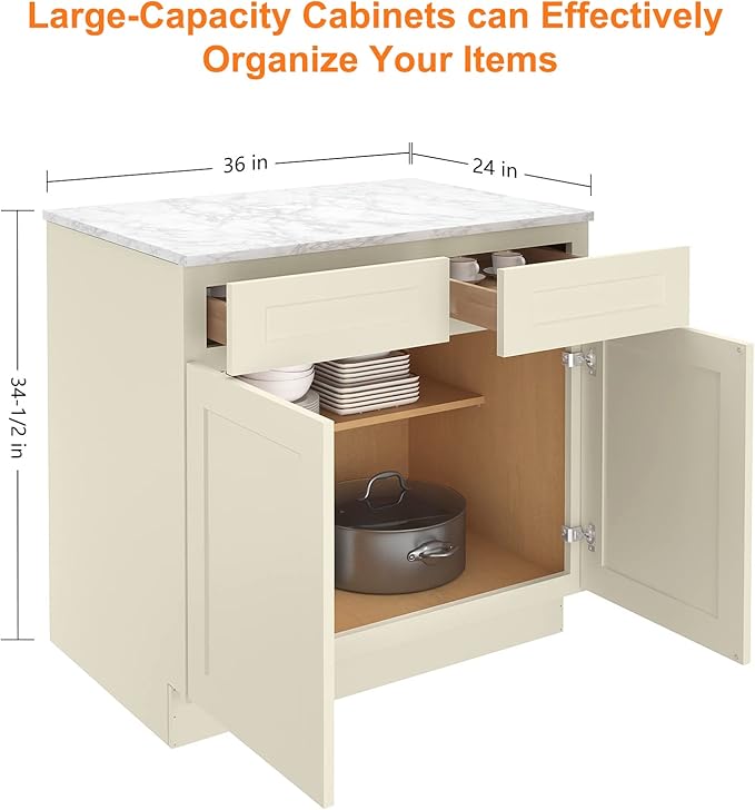 LOVMOR Kitchen Base Cabinets, Sideboard Storage Cabinet, Entryway Cabinet with 2-Drawers & Adjustable Shelf, 36" W X 24" D X 34-1/2"H