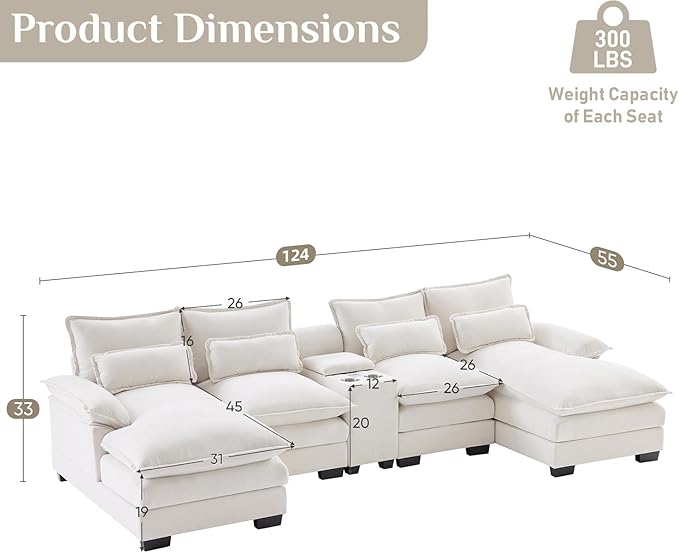 124" Oversized U Shaped Cloud Couch Modular Sectional Couches for Living Room Comfy Chenille Deep Seat Sofa Set with Double Chaise Lounge, Storage Central Console, USB Port, Cup Holders, Beige