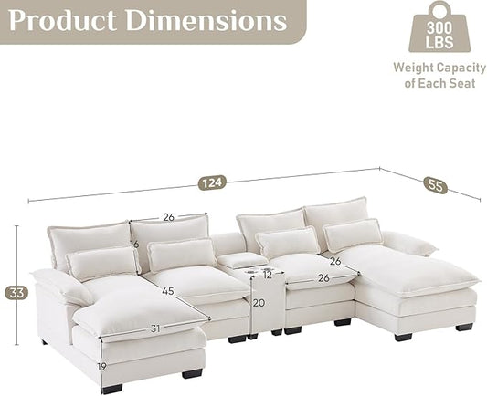 124" Oversized U Shaped Cloud Couch Modular Sectional Couches for Living Room Comfy Chenille Deep Seat Sofa Set with Double Chaise Lounge, Storage Central Console, USB Port, Cup Holders, Beige