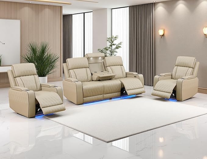 Power Recliner Sofa Set, Leather Reclining Couch & Chair Set, Living Room Furniture Sets, Luxury 3 Piece Living Room Furniture with Cup Holders/Storage/Charging for Home Theater/Office, Khaki