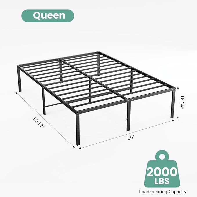 Sweetcrispy Queen Size 16 Inch Platform Bed Frame, Heavy Duty Metal Foundation Frame, Noise-Free Sturdy Steel Slats, Underbed Storage, No Box Spring Needed, Quick Setup