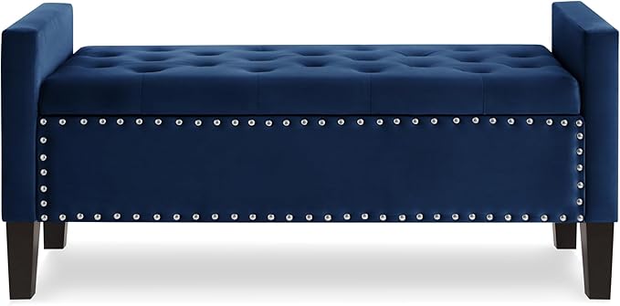 Velvet Storage Ottoman with Armrests, Upholstered Button Tufted Entryway Bench with Nails Trim for Bedroom End of Bed, Living Room,Navy