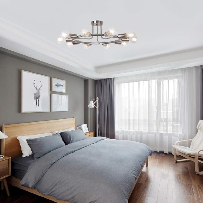 BONLICHT Round Rustic Chandelier 10-Light Brushed Nickel Modern Semi Flush Mount Ceiling Light Industrial Vintage Sputnik Chandelier Light Fixture for Living Room Dining Room Bed Room Kitchen Hallway