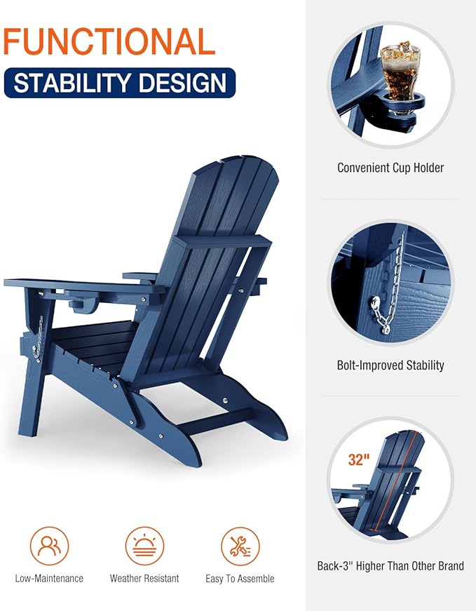 Adirondack Chair with Cup Holder: Folding Adirondack Chairs Plastic HDPE Material Furniture - Composite Fire Pit Chairs Foldable for Outdoor/Backyard/Garden/Lawn/Deck/Porch/Patio