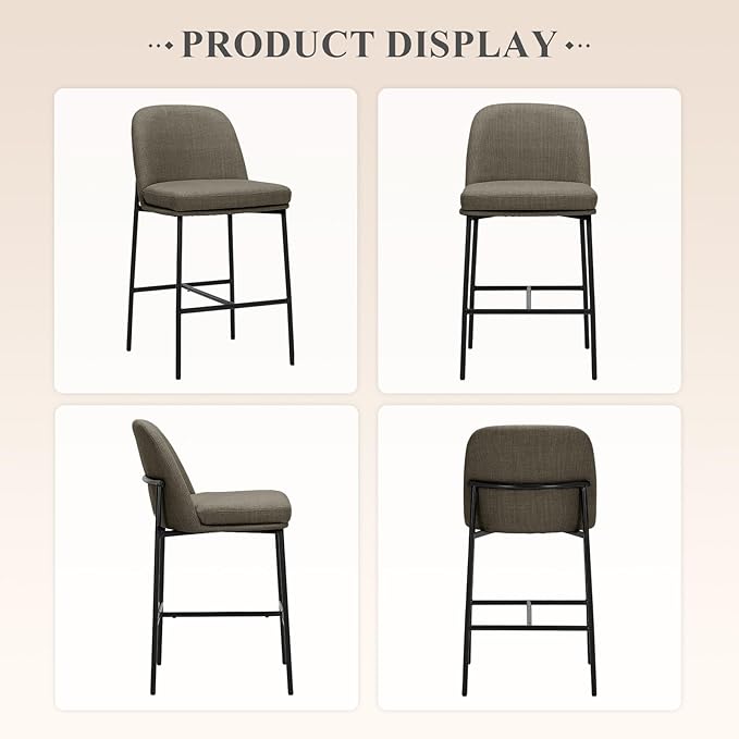 Bar Stools Set of 2, Modern Upholstered Counter Height Bar Chairs with Cushioned Seat and Curved Back, Fabric Kitchen Island Stools with Sturdy Metal Legs for Dining Room Island Bar, Brown
