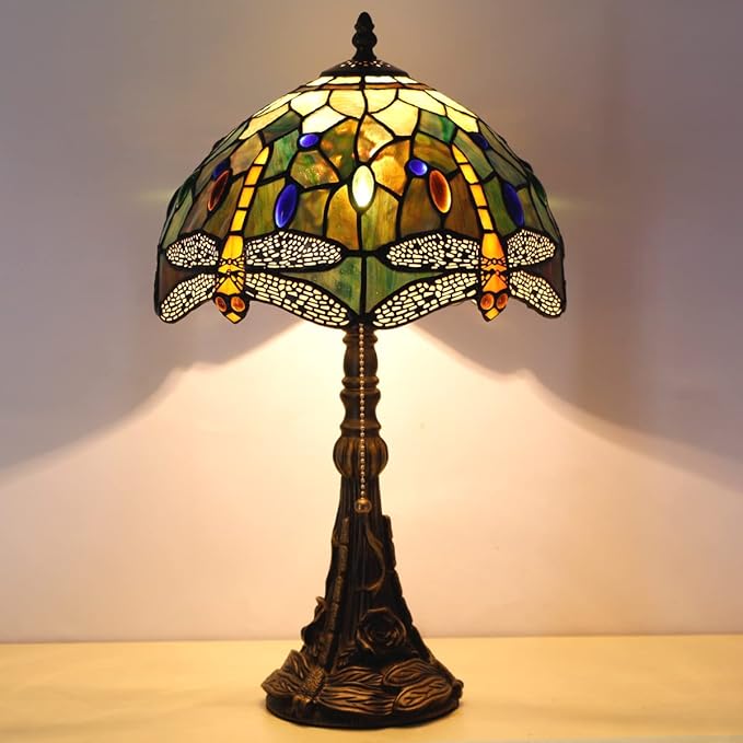 Tiffany Table Lamp Stained Glass Lamp 12X12X19 Inch Antique Reading Light (Amber Yellow Dragonfly)