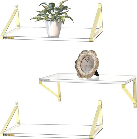 Gold Floating Shelves Crystal-Clear Acrylic Floating Shelves,Sturdy Thickness 10mm(0.4inch) Acrylic Shelves for Wall Decor,Gold Shelving for Living Room Decor Set of 3.