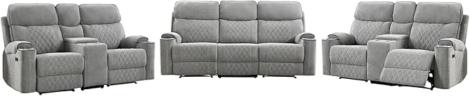 HAOMARKETS 3-Piece Power Recliner Sofa Set with Charging Port, Include 2 2-Seater Loveseat Reclining Couches with Hidden Storage and Cup Holders and 3-Seater Recliner Couch for Living Room, Light Grey