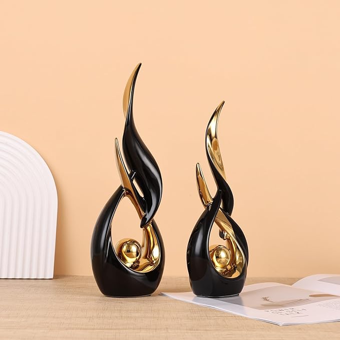 2 PCS Black Gold Ceramic Statues For Home Decor Accents, Modern Abstract Art Sculptures, Elegant Tabletop Decorative Objects For Dining Room, Entryway, Tv Stand, Mantel, Coffee Table Centerpieces