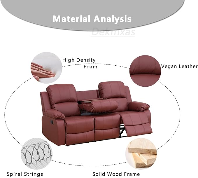 Bonded Leather Reclining Sofa Couch Modern Manual Recliner Sofa Living Room Furniture 3 Seater Reclining Sofa with Cup Holders & Drop-Down Table for Home/Office/Rv Car (Red, 3 Seater Sofa)