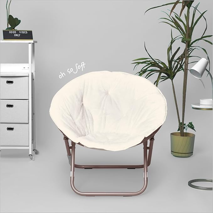Urban Lifestyle 22" Faux Fur Saucer Accent Chair Oversized Plush Comfort Glam Modern Living Room Bedroom Lounge Soft Luxurious Statement Furniture 22" D x 32" W x 29" H, White/Gold