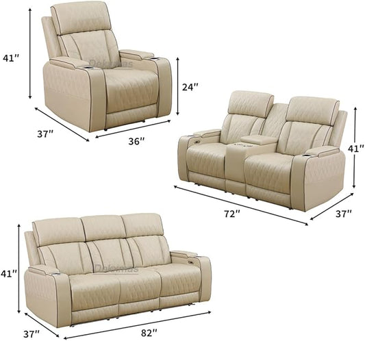 Living Room Furniture Sets, Power Recliner Sofa with LED Light, Beige Breathing Leather Reclining Sectional Sofa with Drop-Down Table, Cup Holder and Storage Console for Living Room,Office