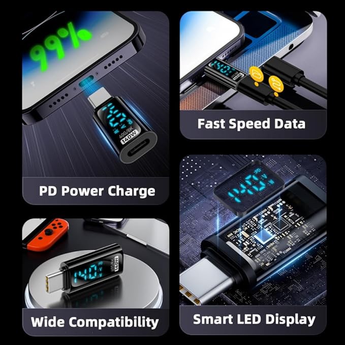 CY Adapter 3pcs/lot Type-C Smart LED Display USB-C Female to USB Type-A 8P Adapter Data Current Voltage Fast Charging Monitoring Display Tester Detector