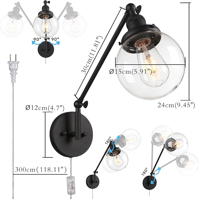 PERMO Industrial Wall Sconce Plug in Sconce Swing Arm Wall Light Fixture with 5.9" Glass Globe Shade for Bedroom, Living Room Office (Matte Black)