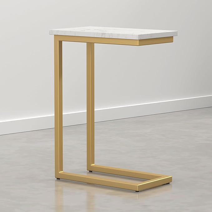 SIMPLIHOME Skyler Metal Table - 18 inch Wide Solid Iron C-Side Table with Genuine White Marble Top in Satin Gold, Contemporary Accent End Table for Living Room or Home Office with Slide-Under Design