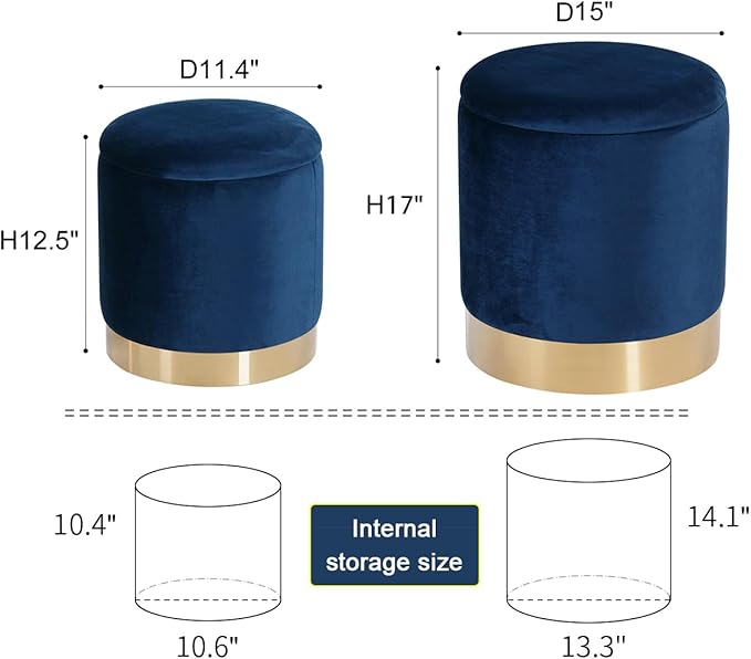 Round Velvet Nesting Ottomans with Spacious Storage set of 2, Upholstered Pouf Footrest with Gold Metal Hoop Accent, Multifunctional Side Table,Vanity Stool for Living Room,Bedroom and Dorm (Blue)
