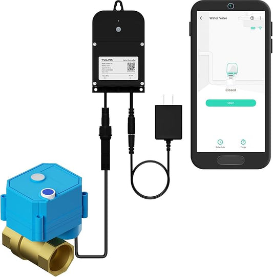 YoLink Wireless Smart Valve Control Kit, 1" Brass Motorized Valve, Wireless Controller 2, LoRa Long Range, D2D Offline with Leak Sensors, 12V Adapter with 2 Years Battery Backup