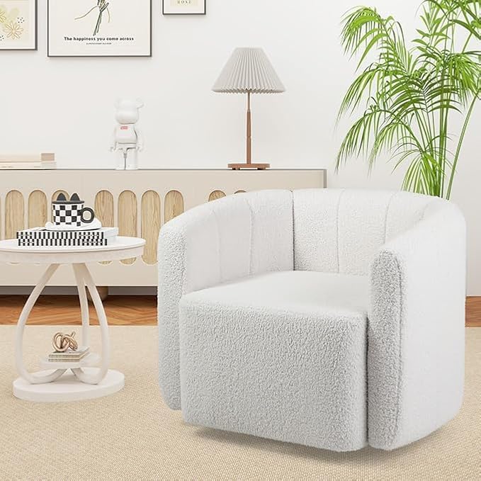 KOMFOTT Swivel Barrel Chair, Sherpa Fabric Accent Chair with Curved Backrest & Armrests, Upholstered Armchair with Wide Seat, Pumpkin Shaped Single Sofa Chair for Living Room, Bedroom, White
