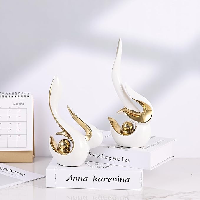 2PCS Abstract Ceramic Sculptures for Modern Decor, Sculptures Home Decor Accent, Abstract Art Figurines for Living Room Decorative Objects, Tabletop Centerpiece for Entryway,Shelf,TV Stand(White Gold)