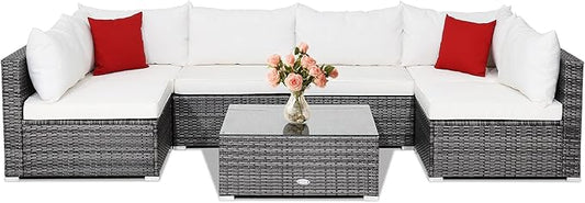 Tangkula 7 Piece Patio Wicker Furniture Set, Outdoor Rattan Sectional Sofa Set for 6 with Seat & Back Cushions, 2 Throw Pillows, Sofa Fastener Clips, for Backyard, Poolside, Deck and Garden (Navy)
