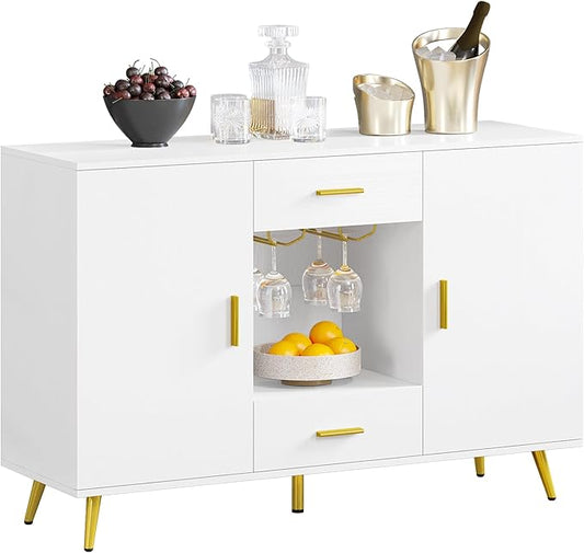 YITAHOME Sideboard Buffet, Buffet Cabinet Storage Credenza w/Adjustable Shelf, Wine Glass Holder, Drawers, Modern White & Gold Dresser 300 lbs Capacity for Living Room, Kitchen, Dining Room
