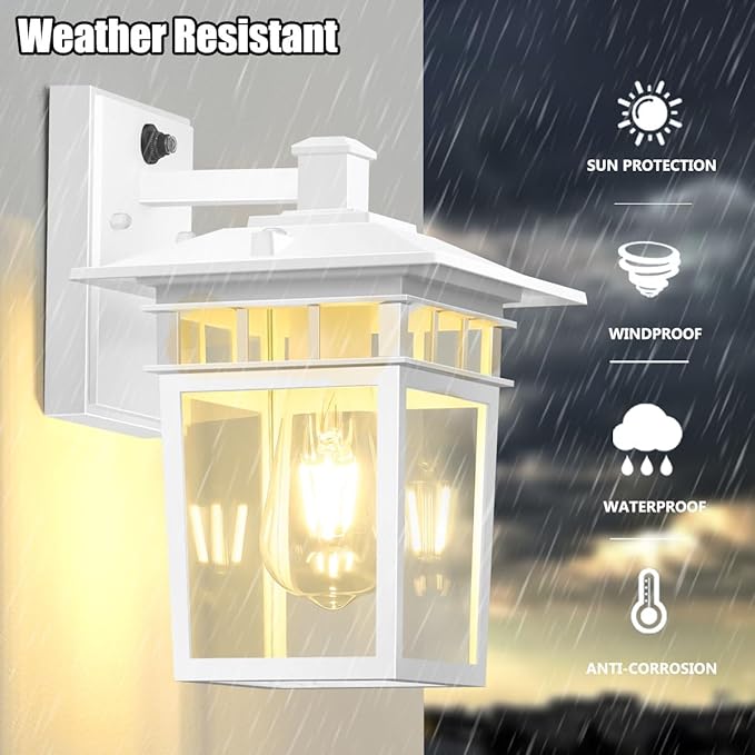 Compact Dusk to Dawn Outdoor Lighting Fixtures Wall Mount, Sensor Exterior Wall Lights for House, Anti Rust Porch Light, White Sconce Lamp, Waterproof Wall Lantern for Doorway, Garage, 2-Pack