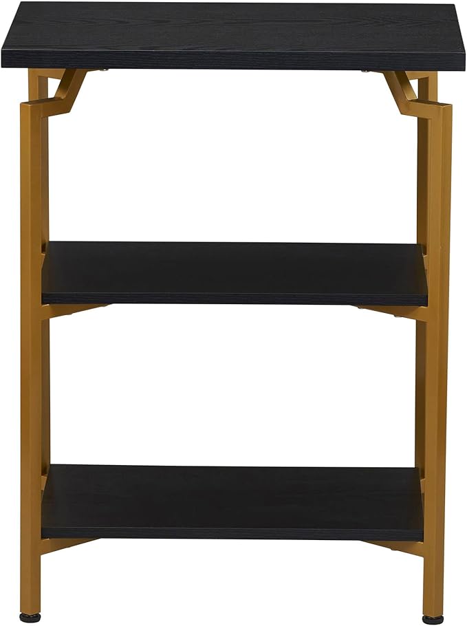 Household Essentials Crown Narrow 3 Shelf Open Storage Bookshelf Black Oak Wood Grain and Gold Metal