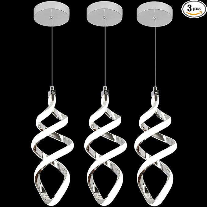 3 Packs Pendant Light, 15W Spiral Led Pendant Light, 4500K Modern Pendant Lights Kitchen Island, Adjustable Height Pendant Light for Dining Room Bedroom Kitchen Island Cafe