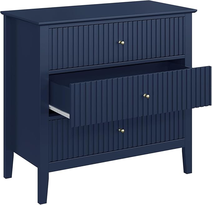 Large Blue Fluted 3 Drawer Dresser Set of 2, Chest of Drawers with Ball Bearing Slide Modern 30 inch Tall Wood Nightstand with Spacious Storage for Bedroom Hallway Living Room Entryway