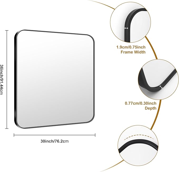 KOCUUY 30x36 Inch Rectangle Bathroom Mirror with Black Metal Frame,Modern Design of Wall Mounted Upgraded Shatterproof Glass, Rounded Corners for Bedroom, Living Room, Entryway