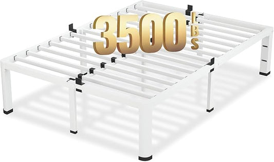 20 Inch Full Size White Bed Frame, 3500Lbs Heavy Duty Metal Platform with Round Corner Legs Mattress Slide Stopper, Steel Slat Support No Box Spring Needed, Noise Free, Non-Slip, Easy Assembly