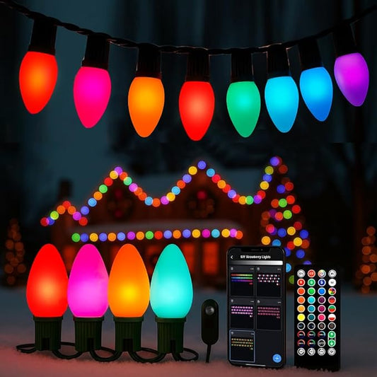 HIITEN Smart C9 Christmas Lights Outdoor 66ft, 100 LED RGBW Chasing Effects Xmas Lights Outdoor, APP and Remote Controlled with Timer Music Sync, Extendable LED Christmas Lighting for House Tree