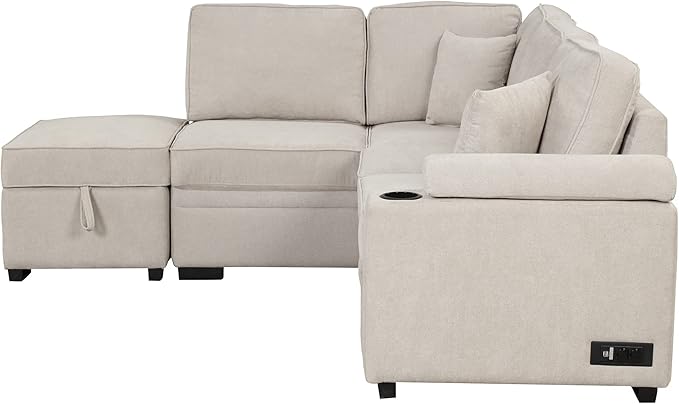 Merax Sofa Bed Sleeper Couch L Shaped Sofa with Storage Ottoman and Cup Holder, L-Shape Sectional Couch with Comfortable backrest and Charging Function for Living Room and Small Apartment (Beige)