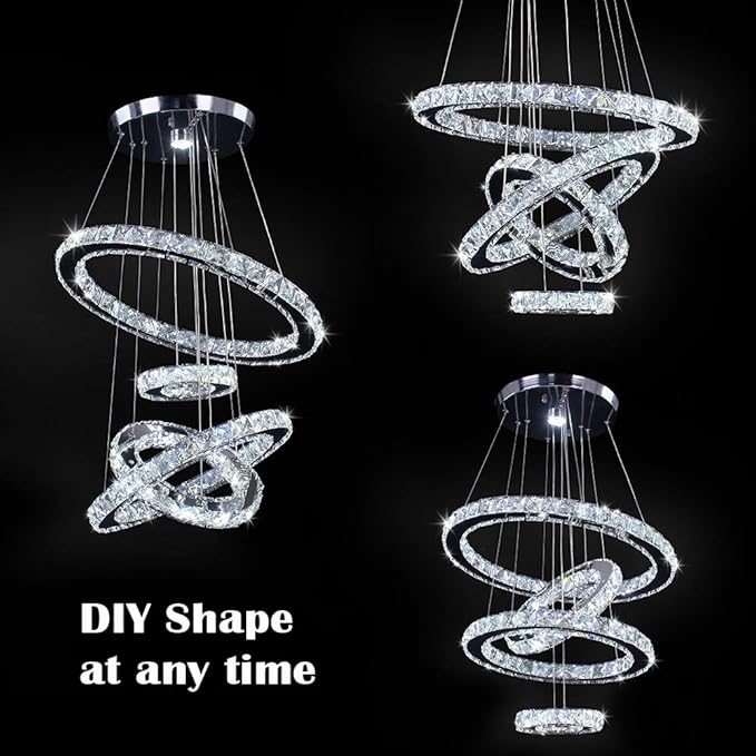 LED Chandeliers, Modern Crystal Chandelier Dining Room Living Room LED Ceiling Pendant Light 4 Rings Adjustable Stainless Steel Contemporary Chandeliers (4r Cool White)