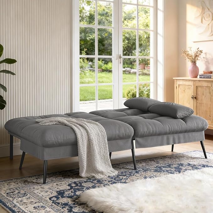 COMHOMA 72″Futon Sofa Bed,Modern Convertible Sleeper Sofa, Fabric Futon Couch with Multi-Position Backrest for Living Room Furniture (Grey)