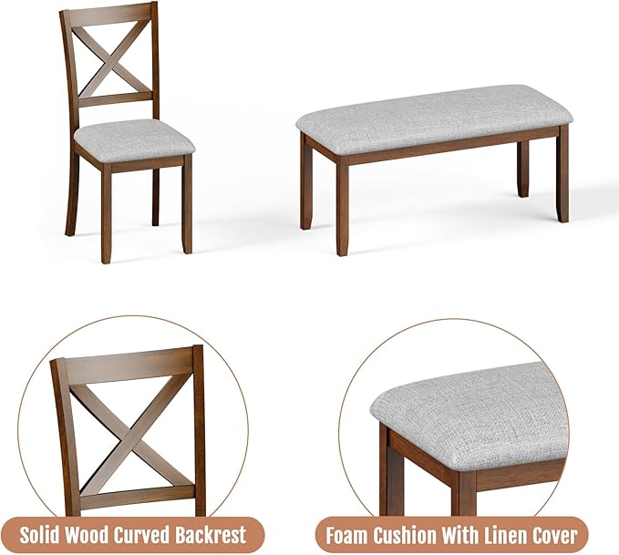 6-Piece Wooden Dining Table Set, Dining Table Set for 6, Including 1 Dining Table, 4 Upholstered Chairs and 1 Bench, Wooden Legs Dining Table, Table Set for Dining Room & Kitchen, Walnut