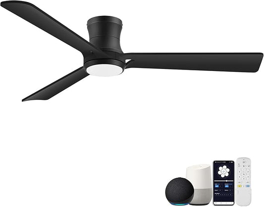 52inch Smart Ceiling Fans with Lights,Low Profile Black Wood Ceiling Fans,Remote/APP/Alexa Control,Modern Flush Mount Ceiling fan,Outdoor Indoor for Bedroom Living room Patio,3 Blade,Dimmable,Quiet