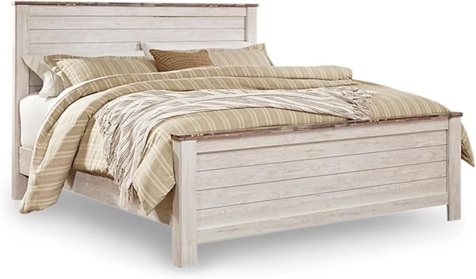 Signature Design by Ashley Willowton Casual King Panel Bed with Metal Slats, Foundation or Box Spring Needed, Whitewash