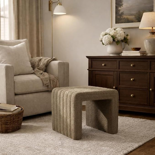 Spatial Order Modern Channel Tufted Ottoman | Spatial Order Home Décor | Ottoman for Living Room & Bedroom - Brown Boucle