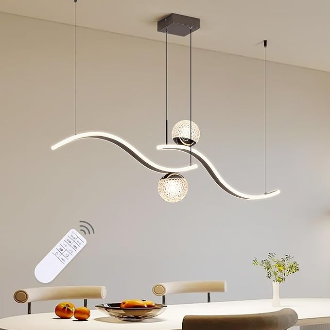 Modern LED Globe Pendant Light, 39in Dimmable Black Hanging Chandelier Light Fixture, 2-Wave Kitchen Pendant Lighting Over Island, Dining Room Lights Ceiling Hanging Over Table (2-Bulb)