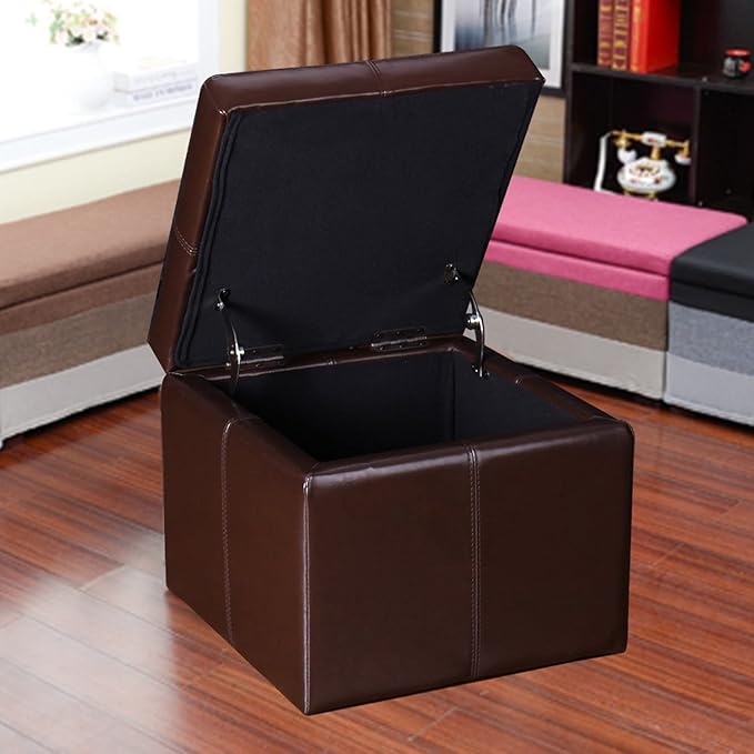 Adeco Modern Faux Leather Cube Storage Ottoman Bench with Hidden Storage, Comfortable Footrest Ottoman for Living Room, Bedroom, Entryway - Brown, 17.7" x 17.7" x 15