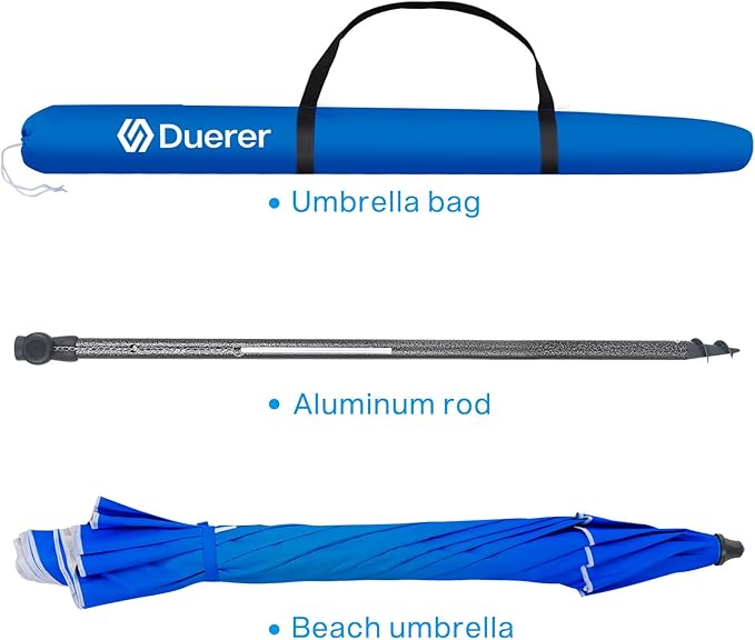Duerer Beach Umbrellas, 7.5FT Beach Umbrella for Sand with Anchor Heavy Duty Windproof, Height Adjustable Tilt Iron Pole, Portable Beach Umbrella with Carrying Bag for Beach, Patio Garden Outdoor