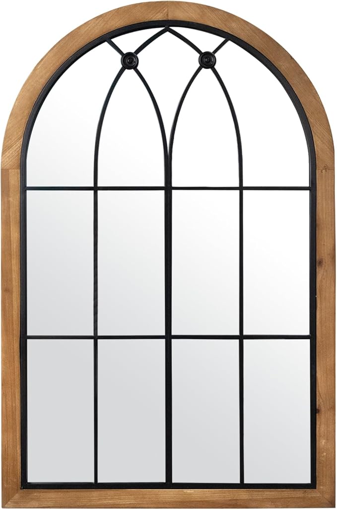 Farmhouse Wooden Arched Mirror, Decorative Arch Mirror Wall Decor, Rustic Window Pane Mirrors, Wood Framed Wall Mirrors for Entryway, Living Room