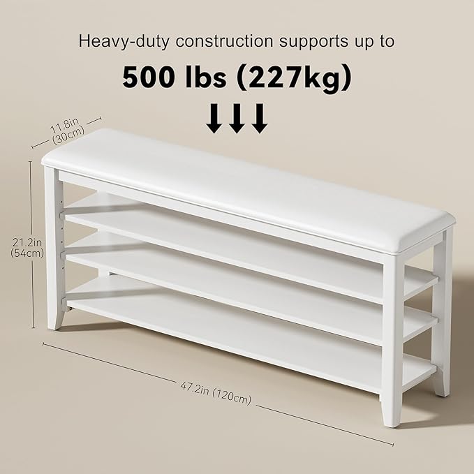Shoe Bench Storage Rubberwood with Leather Cushion for Entryway Bench Ideal for Hallways Shoe Rack Front Doors Entrances Mudrooms Featuring 3 Height-Adjustable and Removable Shelves